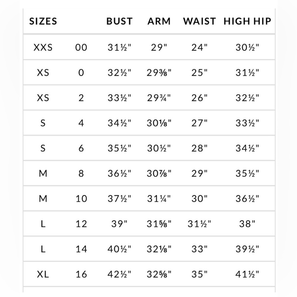 WHBM sizing chart